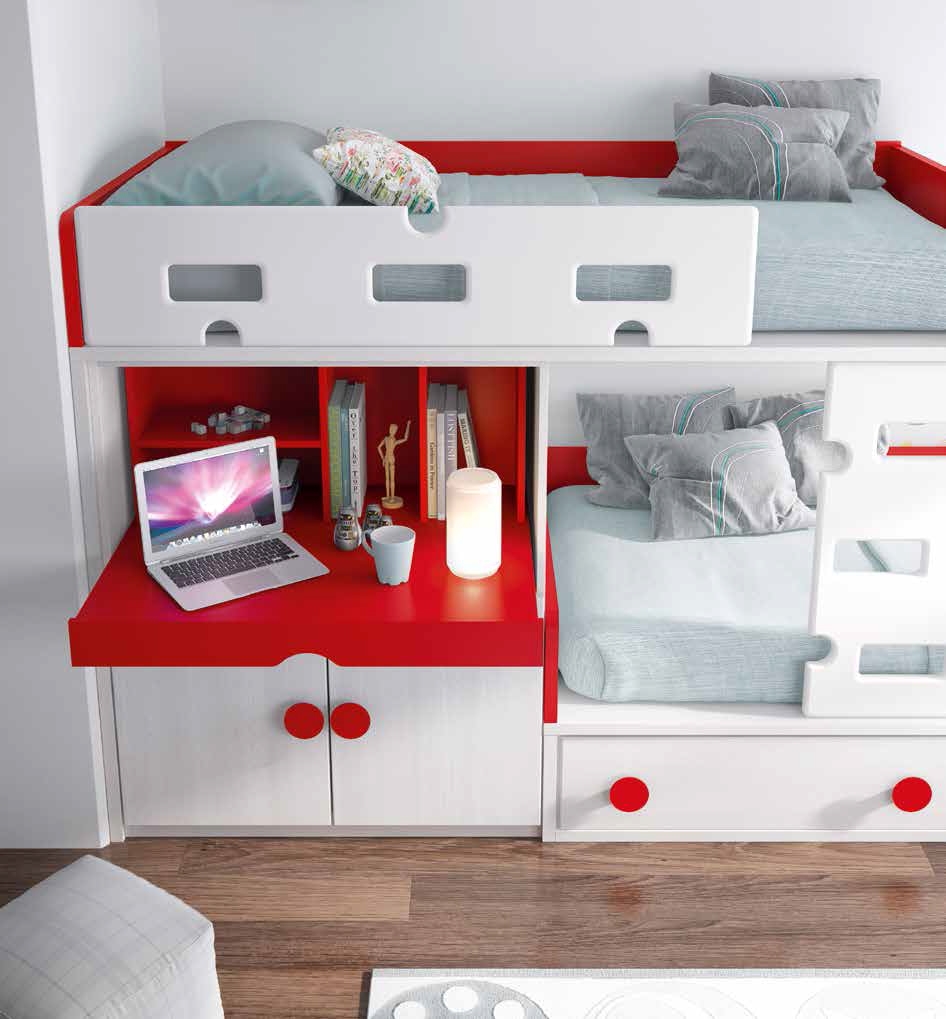 lit superpose blanc et rouge personnalisable f257 avec bureau coulissant glicerio