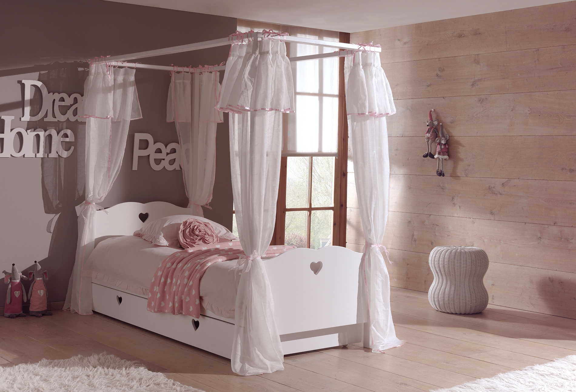 Lit cabane 90x200 cm Lit superposé lit d'enfant lit de maison pour filles  et garçons avec échelle & baldaquin blanc