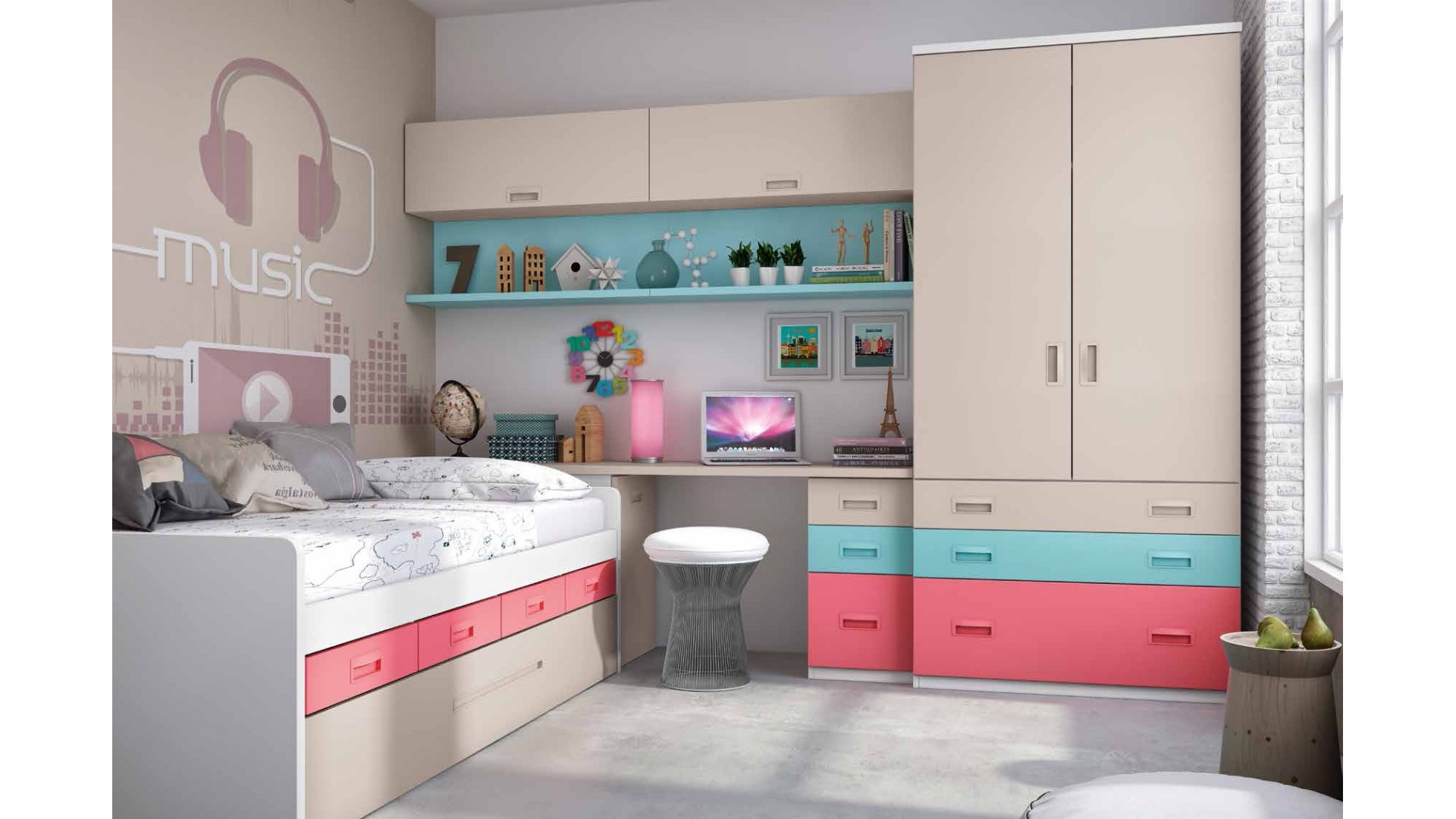 Chambre ado fille avec lit gigogne PERSONNALISABLE F069 - GLICERIO